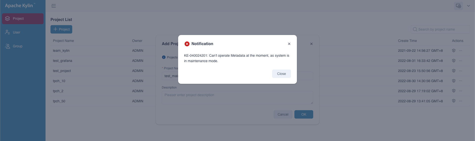 forbidden modify metadata during maintenance mode
