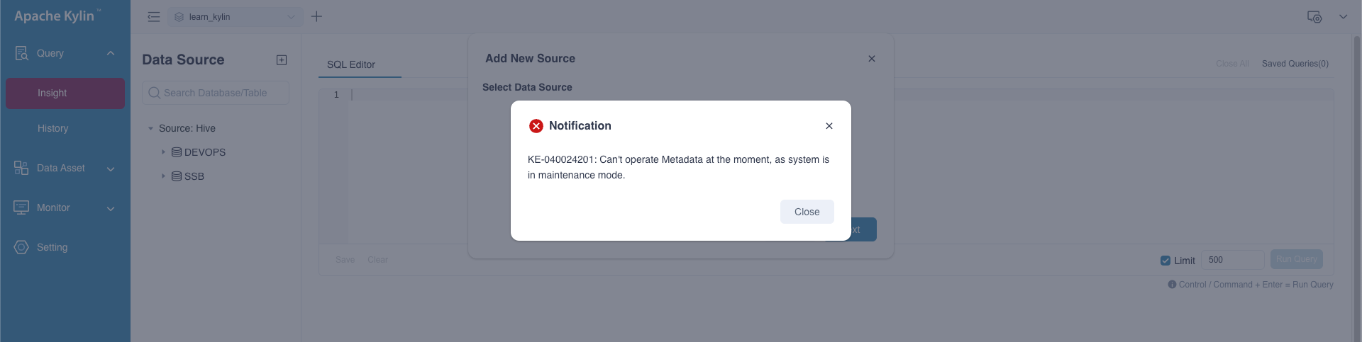 forbidden modify metadata promoting during maintenance mode