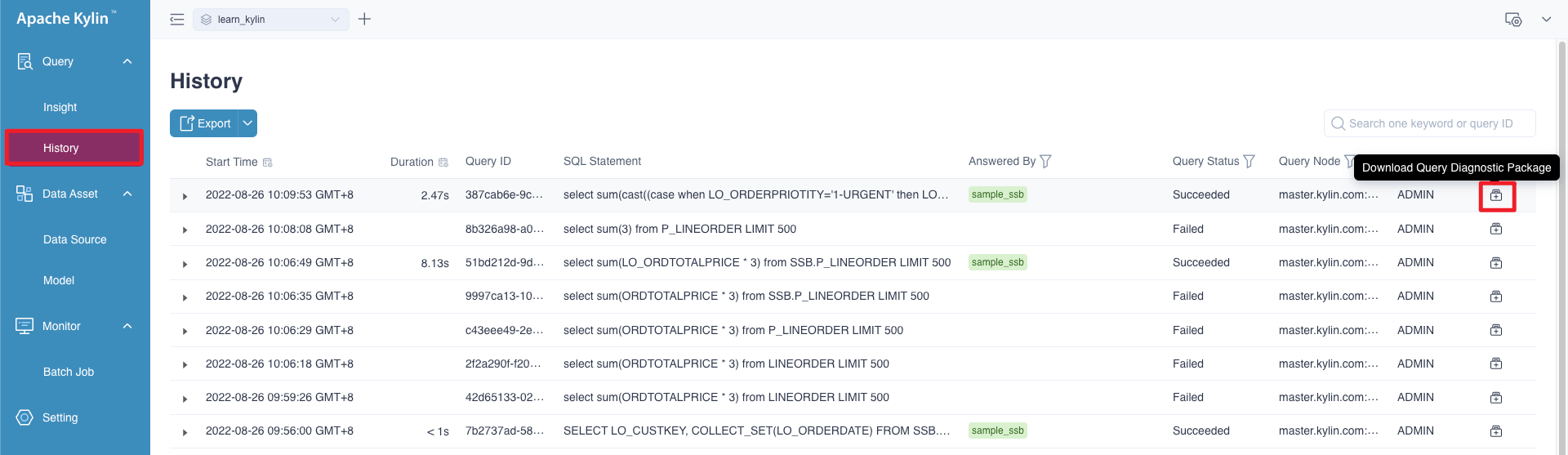 Generate Query Diagnosis Package in Web UI